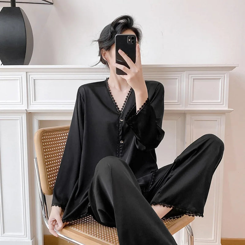 Night Wear Ladies Pajamas Nightwear for Woman Spring Autumn Long Sleeve Sleep Tops with Pants Sleepwear Women's 2-piece Sets