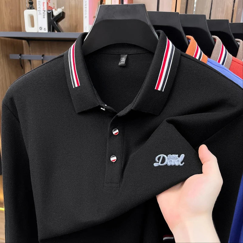High Quality Man 100% Cotton Long-Sleeved Polo Shirt Lapel Button Letter Embroidery Autumn New Snug Leisure Versatile Men's Tops