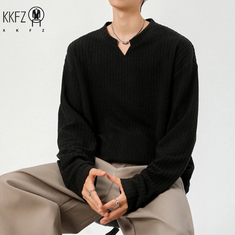 Daily Urban Henley Shirt Men Long Sleeve Split Notch Neck Vertical Texture Soft Fabric Basic Fashion Outer Garment