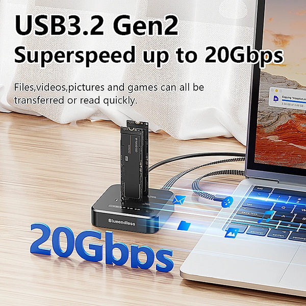ស្ថានីយ៍ចត SSD M.2 NVMe ក្រៅបណ្តាញ Blueendless ក្លូនពីរច្រក 2Bay M2 NVMe Cloner ប្រភេទ C 10Gbps សម្រាប់ PCIe NVMe SSD Enclosure