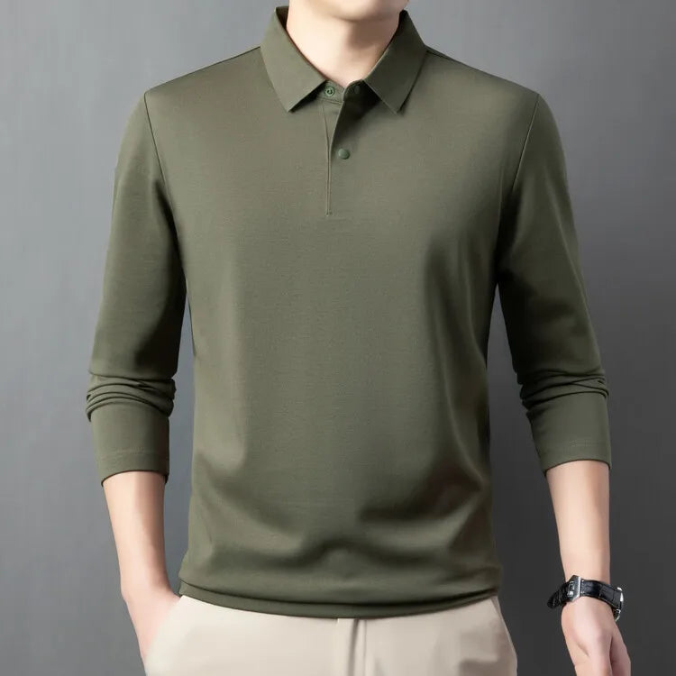Premium Silk & Wool Blend Polo Shirt - Soft Winter Fleece Lining Luxury Business Casual Wear
