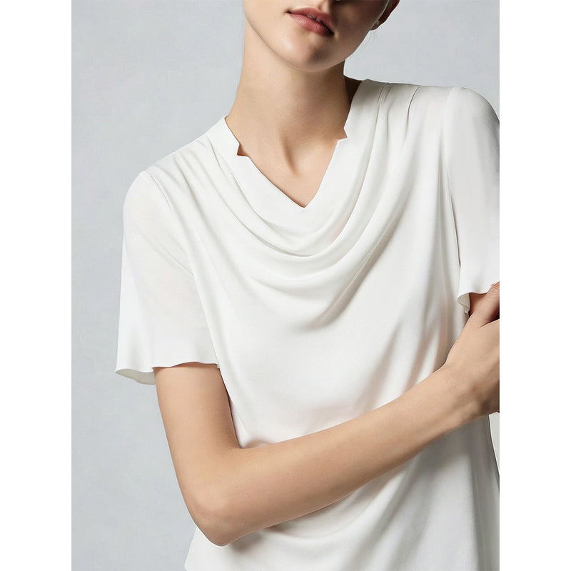 Amii Women's Summer Blouse 2026 New Cowl Neck Patchwork Chiffon Top Straight Fit Short Sleeve Casual Ladies Blouses 12642157
