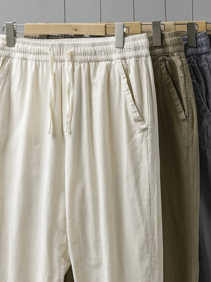 DUKEEN Breathable Linen Pants Men 2025 Summer Fashion Thin Ankle-Length Pants Elastic Waist Straight-Leg Men's Clothing