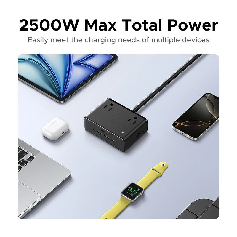 UGREEN 8 in 1 Power Strip US Plug 4 AC Outlets 3 USB-A 1 USB-C 2500W Fast Charger Surge Protector Short Circuit Indicator Light