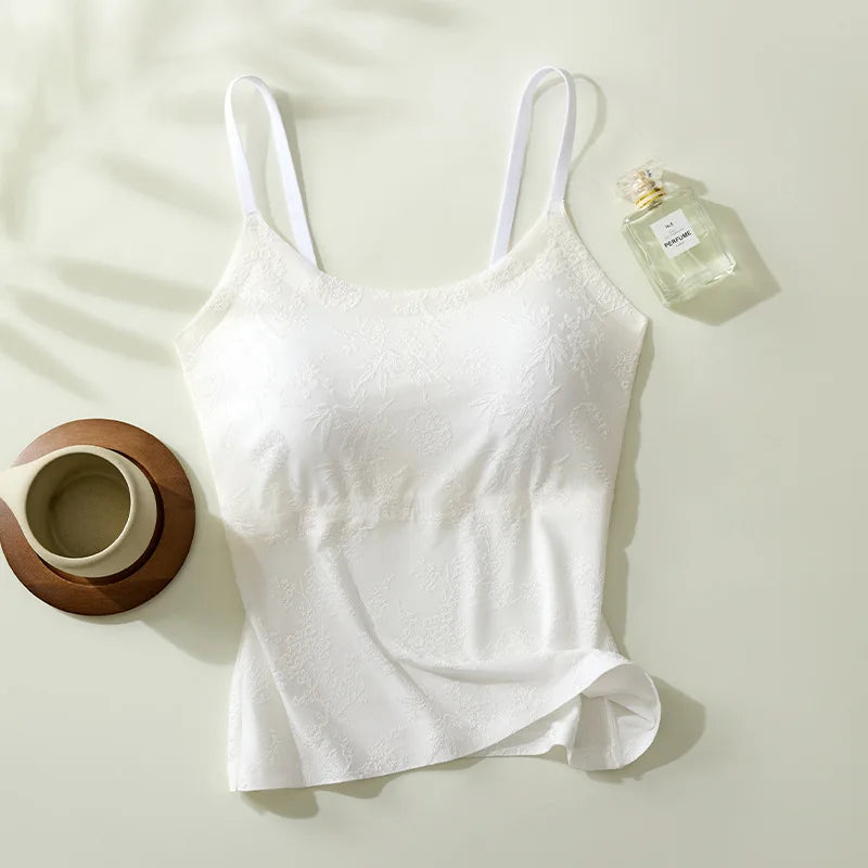 National Style Jacquard Printed Seamless Underwear Sling Vest Women's Inner Fixed Cup One Piece Pajamas Top Lady Sleepwear