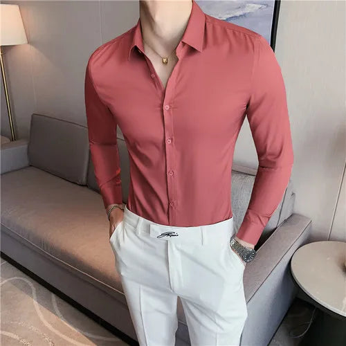 2026 New Men's Dark Green Slim-Fit Long Sleeve Shirt, Fashion Casual Business Top for Man in Black/White