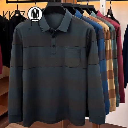 Mens Relaxed Lapel Polo Shirt Long Sleeve Horizontal Stripes Button Placket Casual Street Daily Fashion Outfit