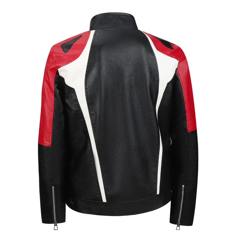 New Fall Men's Faux Leather Jacket with Red, Black, and White Color-blocked Accents—a Stylish and Casual PU Coat.
