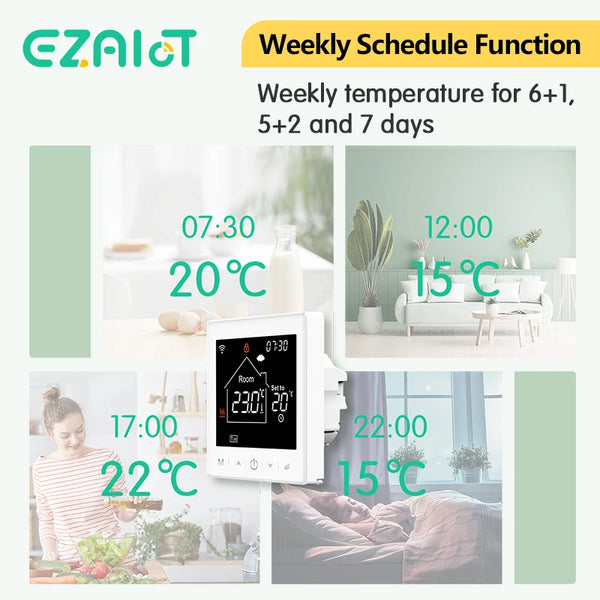 ឧបករណ៍បញ្ជាសីតុណ្ហភាព Tuya WiFi 220V អេក្រង់ LCD អេក្រង់ប៉ះ ឡចំហាយឧស្ម័ន ឧបករណ៍បញ្ជាសីតុណ្ហភាពកំដៅជាន់អគ្គិសនី Smart Life Alexa