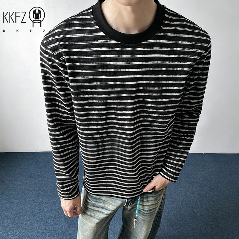 Mens Crew Neck Long Sleeve Knit Tee Horizontal Striped Waffle Pattern Loose Fit For Daily And Casual Occasions