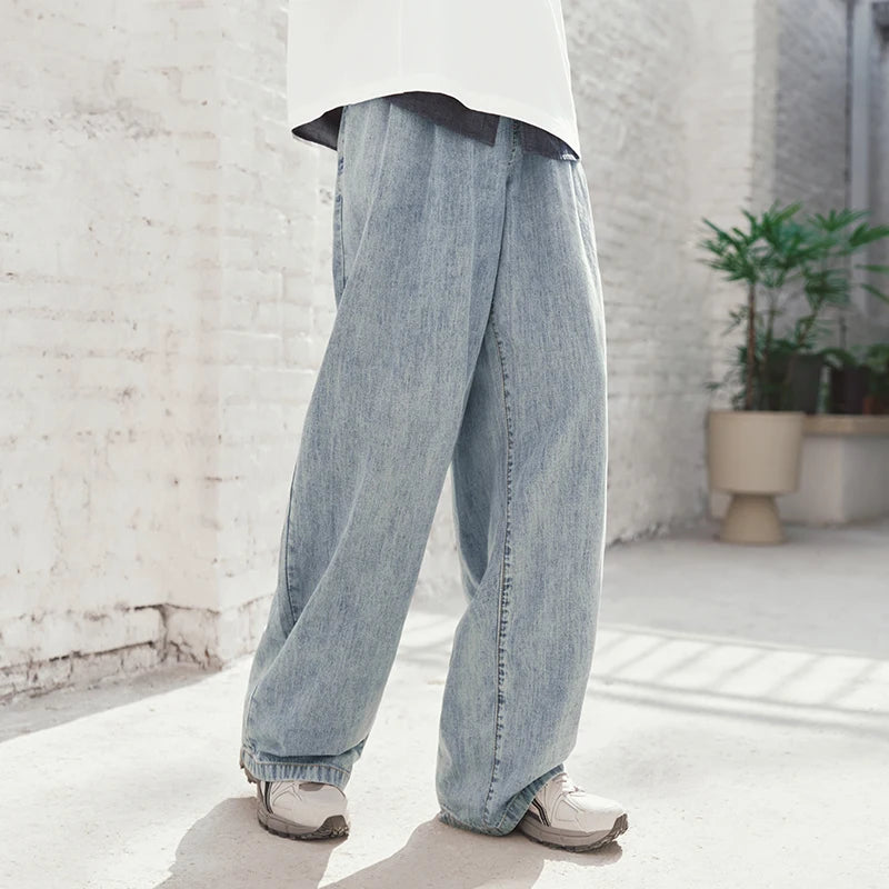 Semir Men Pants Denim Cotton Skin Friendly Loose Wide Leg Elastic Waist Drawstring Micro Pleated 2026 Summer Casual Style Fashio