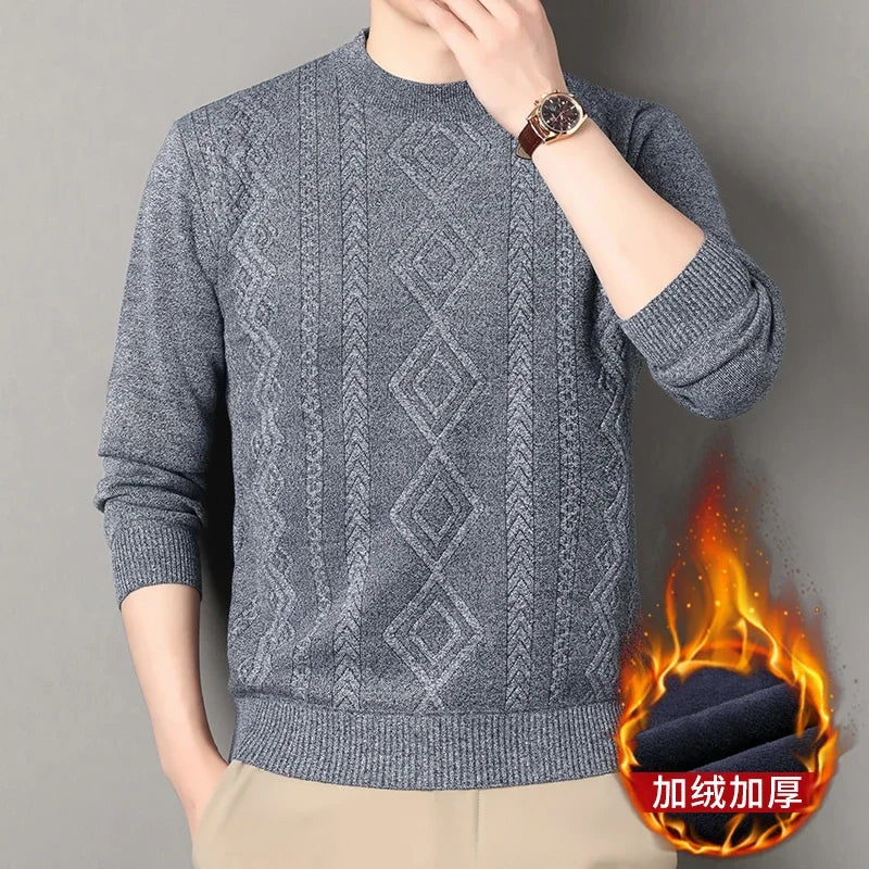 Jacquard Pattern Male Warm Sweater Full Fleece Lining Elastic Hem Crew Neck Office Semi Formal Long Sleeve Pullover