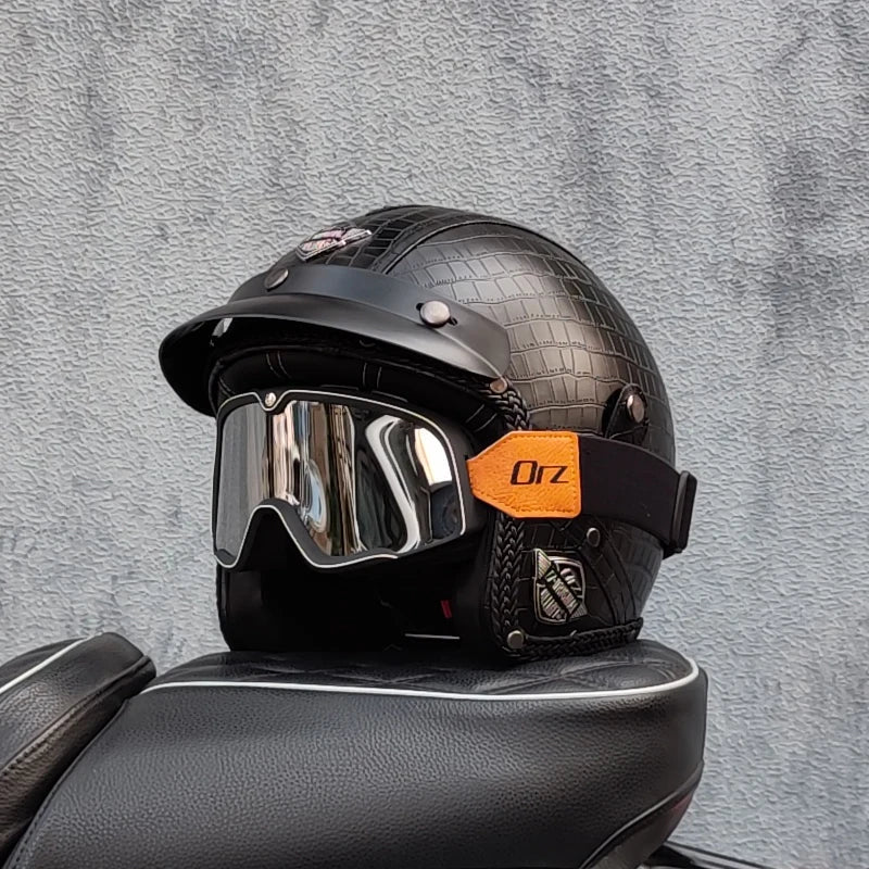 Motorcycle retro helmet PU leather 3/4 scooter half helmet couple helmet DOT approved M-XXL