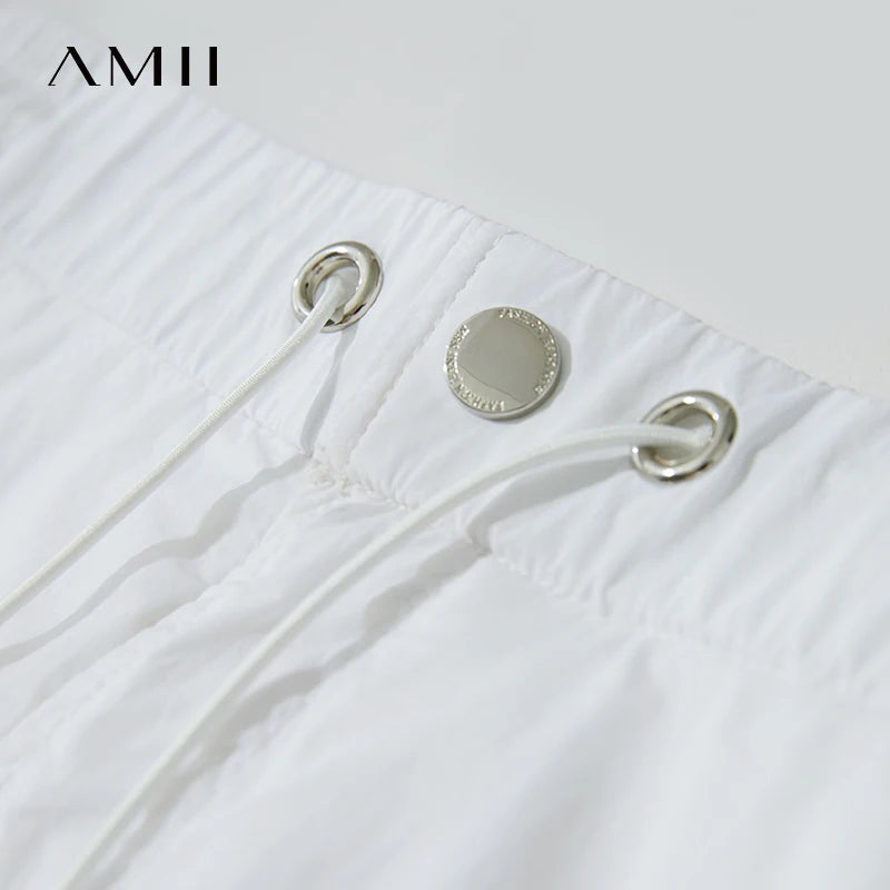 AMII Vacation Long Skirt 2026 Summer Women Loose Sun Protection Office Lady Solid Pockets Elastic Waist Cord Slit Skirt 12542106