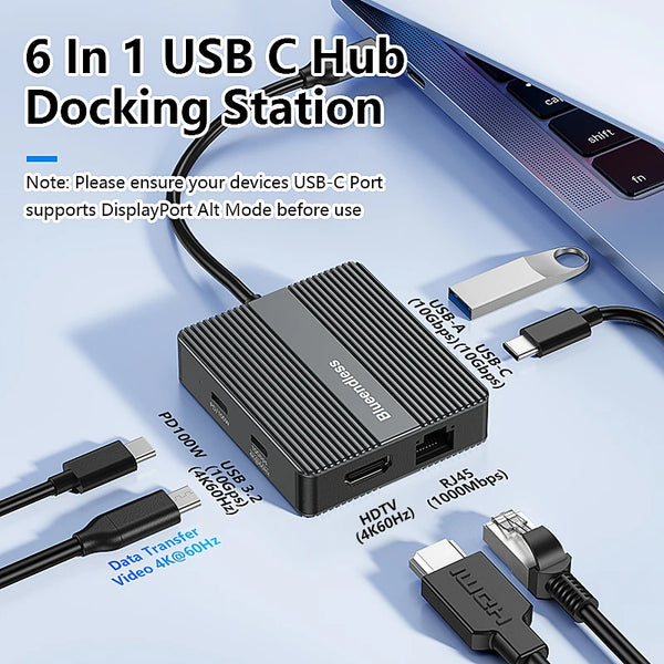 ស្ថានីយ៍ចត USB C 6-in-1 Blueendless 4K60Hz HDTV Gigabit Ethernet PD100W 10Gbps USB3.2 ប្រភេទ C Hub អាដាប់ទ័រសម្រាប់កុំព្យូទ័រយួរដៃ MacBook