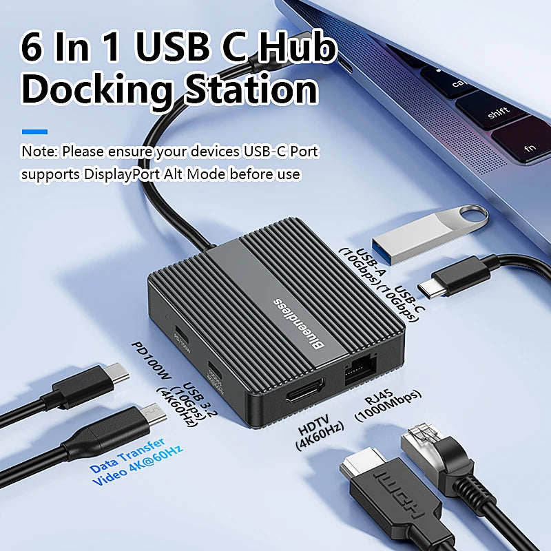 ស្ថានីយ៍ចត USB C 6-in-1 Blueendless 4K60Hz HDTV Gigabit Ethernet PD100W 10Gbps USB3.2 ប្រភេទ C Hub អាដាប់ទ័រសម្រាប់កុំព្យូទ័រយួរដៃ MacBook