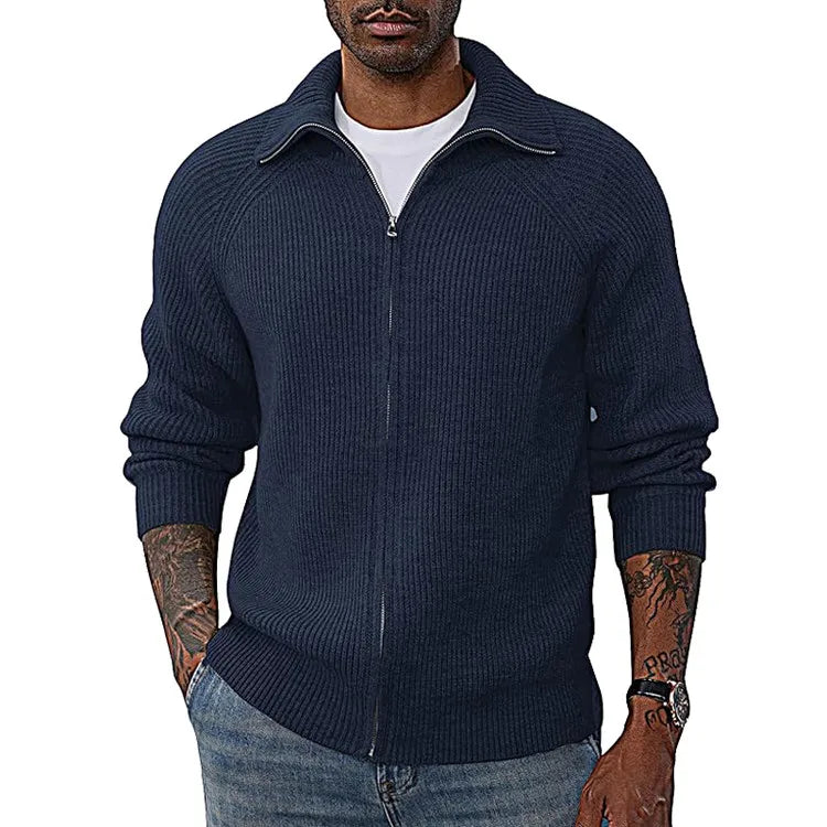 Global Bestseller Men's Zip-Up Knit Sweater, Casual Acrylic Blend Pullover, Gray Black Navy Brown, M-3XL