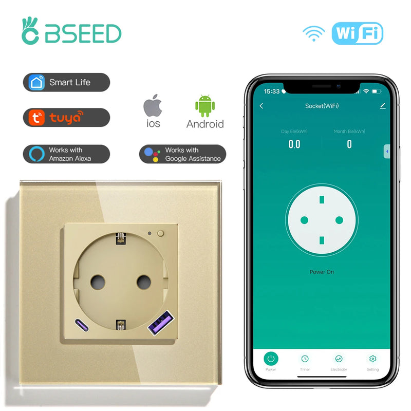 BSEED EU Standard Wifi Smart Socket With 20W USB Type-C Port Power Monitor Timing Function Tuya Alexa Smart Home Control 16A