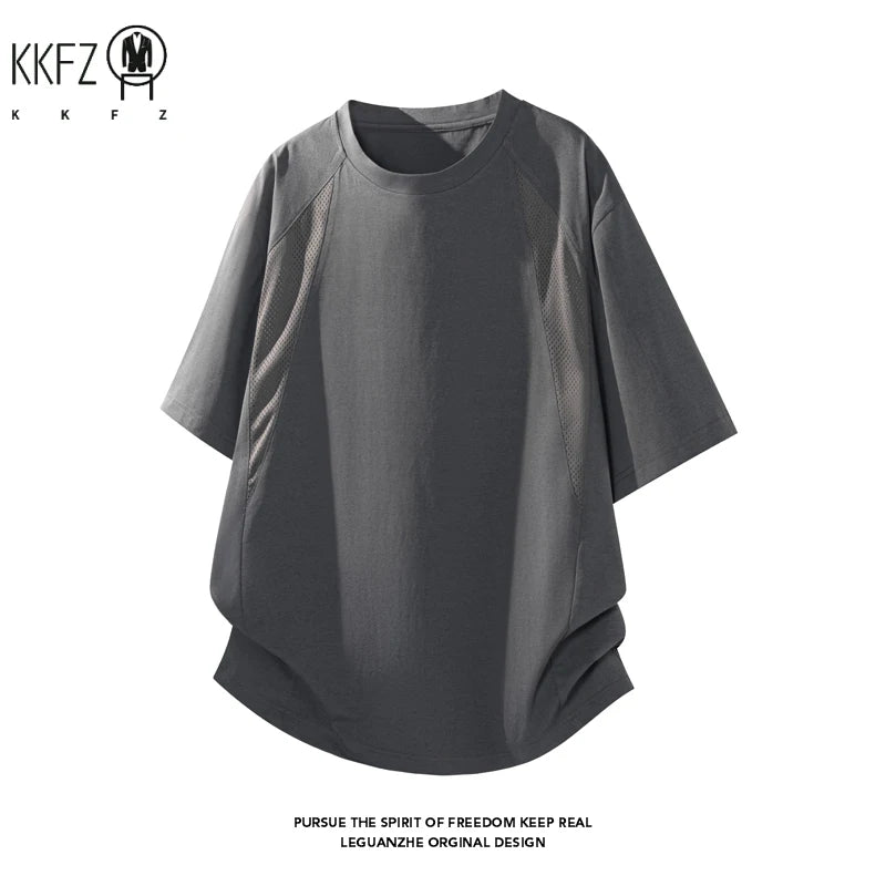 Mens Loose Curved Hem Athletic Top Raglan Short Sleeve Mesh Spliced Quick Dry T Shirt For Gym Training Travel Outdoor Scenarios