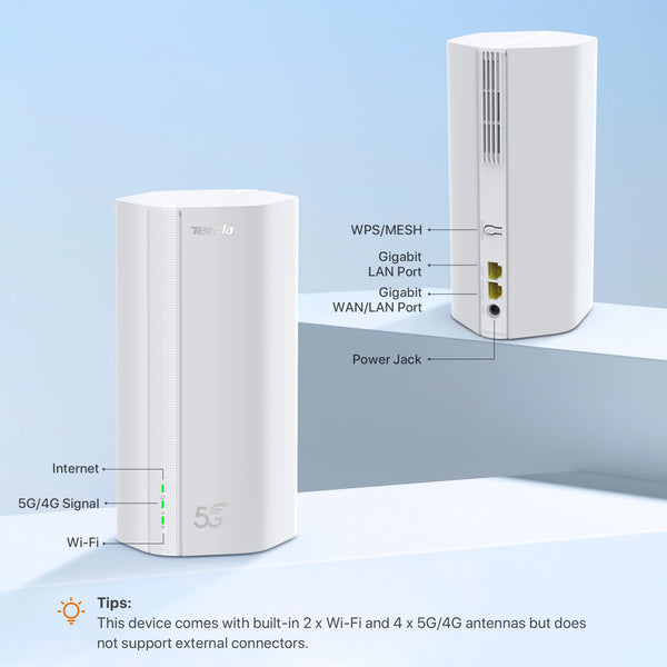 រ៉ោតទ័រ Tenda AX1500 Wi-Fi 6 5G NR រ៉ោតទ័រ CPE 5G 4G LTE ជាមួយរន្ធដោតស៊ីម ម៉ូដឹមឥតខ្សែ NSA/SA 2.4/5Ghz សម្រាប់ប្រើប្រាស់នៅផ្ទះ