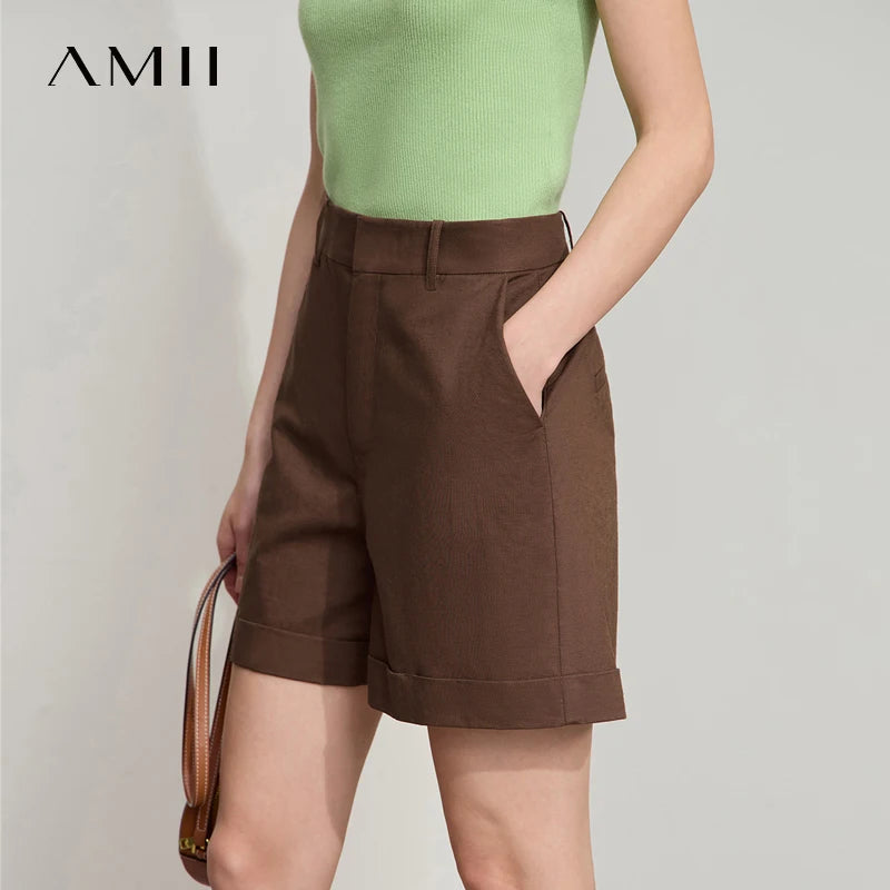 ខោខ្លីរដូវក្តៅថ្មីរបស់ Amii Minimalist សម្រាប់ស្ត្រី ខោរលុង ខោកប្បាស ក្រណាត់លីនីន បត់ដៃអាវ ខោខ្លីសម្រាប់ធ្វើដំណើរ 12542107