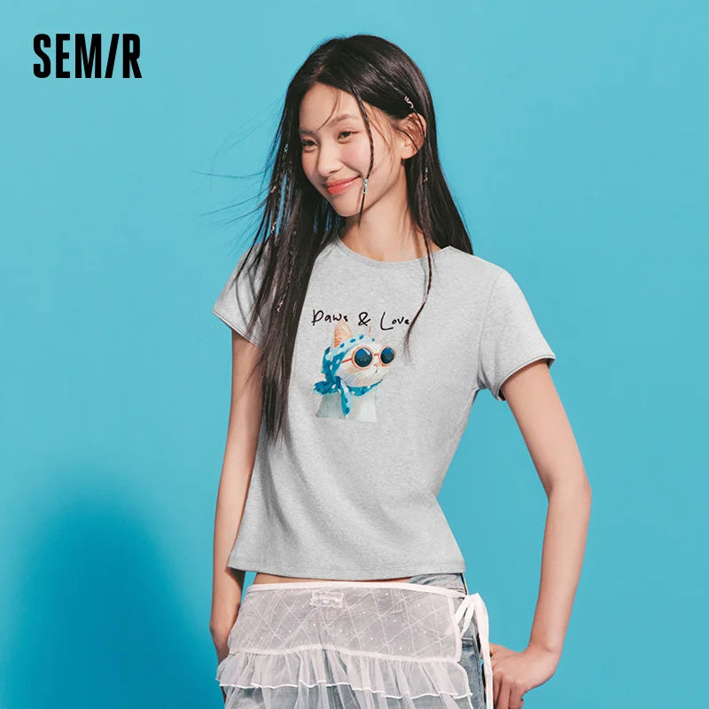 Semir Womens Tshirt 2026 Printed Slim Ruffle Edge Cute Petite Style Fashion Casual Daily Wear