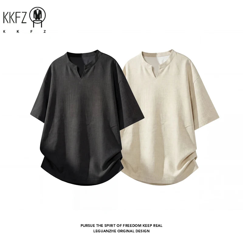 Men V Notch Neck Short Sleeve Linen Shirt Oversized Loose Summer Breathable Casual Streetwear Tops For Daily Commute
