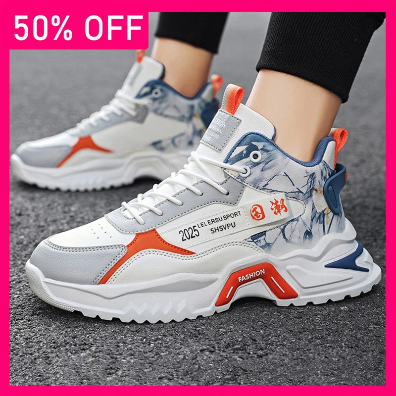 Men Sneakers Fashion Leather Breathable Wear-resistant Outdoor Fitness Shoes Thick Soled Non Slip Comfort Casual Running Shoes