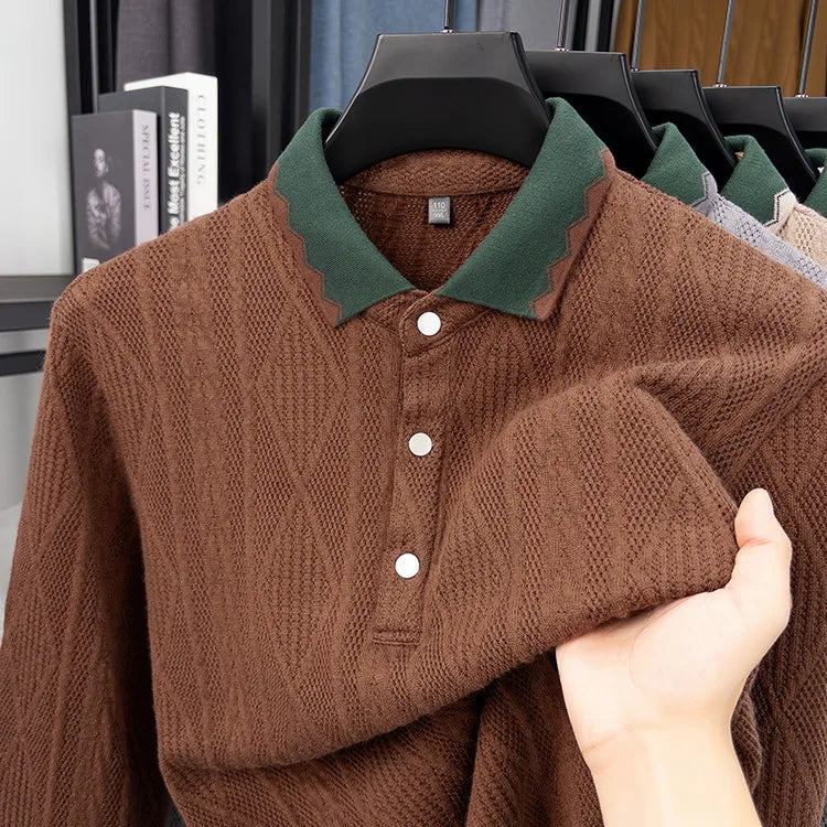 Men's Jacquard Knit Polo Shirt with Color-Blocked Collar - Premium Fabric, Fine Stitching for Business Casual Wear