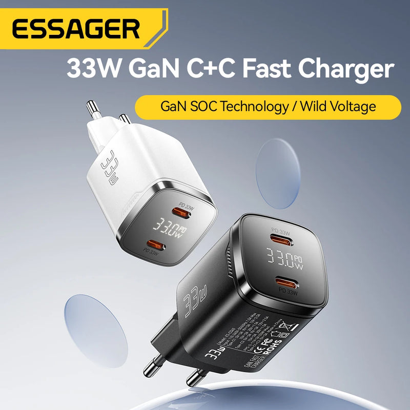 ឆ្នាំងសាក Essager 33W GaN Dual USB Type C PD សាកថ្មលឿនសម្រាប់ iPhone 17 16 15 14 13 Pro Max iPad ឆ្នាំងសាកទូរស័ព្ទអេក្រង់ឌីជីថល
