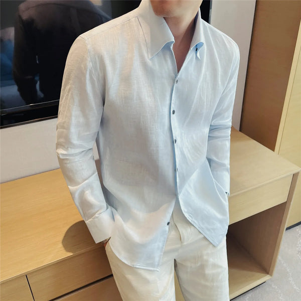 Men's 100% Linen Long-Sleeve Shirt – Old Money Style Lightweight Breathable Business Casual White Button