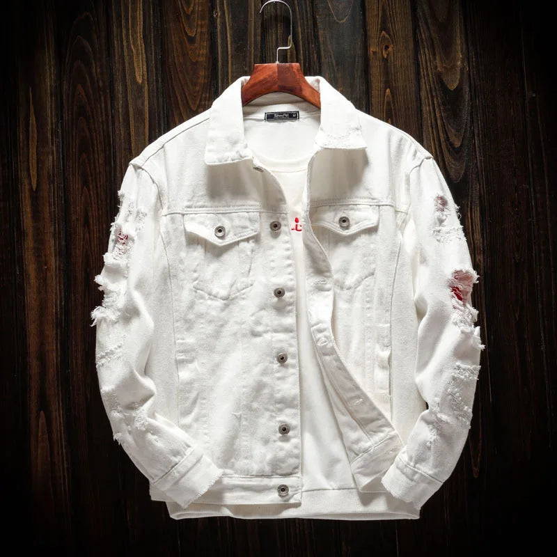 Men's Red Long-sleeve Jacket for Spring and Fall; Black Denim Coats with A Turn-down Collar, Available in Orange, White, Pink.