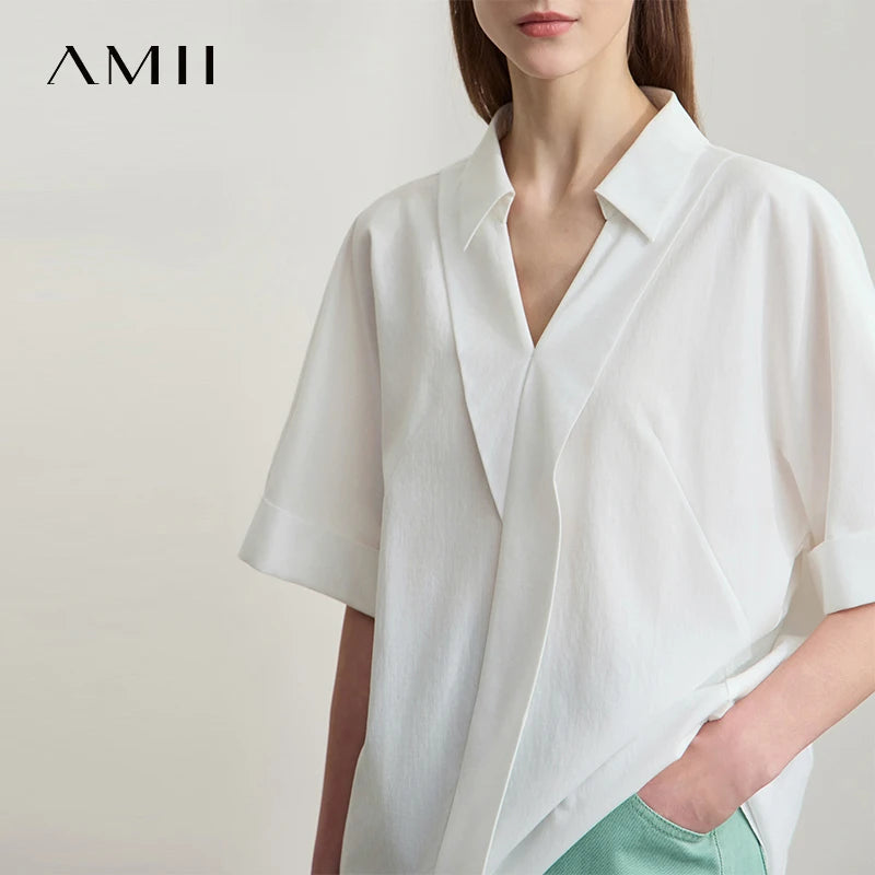 អាវ Amii Minimalist សម្រាប់ស្ត្រី ពណ៌រឹង ក V រចនាកអាវបត់ចុះក្រោម រលុង ស្ទីល Lyocell អាវ 12522053