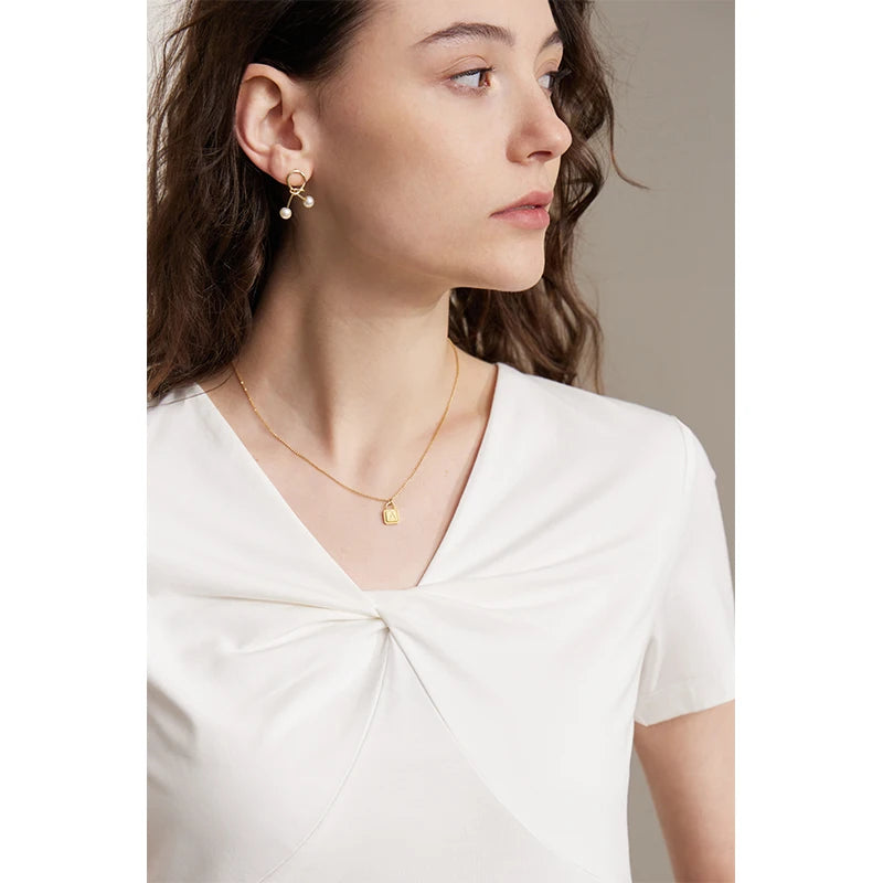 AMII Minimalism T-shirt for Women 2026 Summer New Sleeve Slim Design V-Neck Modal Cotton White Top Bottom T-shirts 12342212