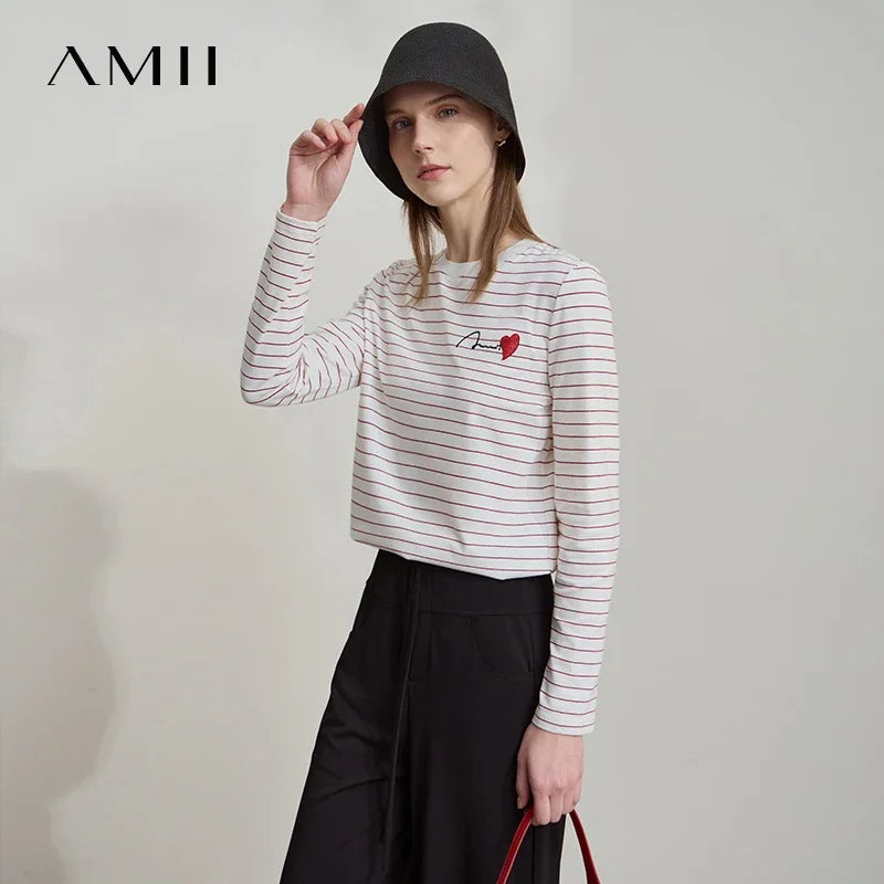 អាវយឺតដៃវែង Amii Minimalist សម្រាប់ស្ត្រី រដូវស្លឹកឈើជ្រុះឆ្នាំ ២០២៥ កអាវមូលថ្មី កប្បាសឆ្នូតប៉ាក់ សម្រាប់ស្ត្រី 12511094