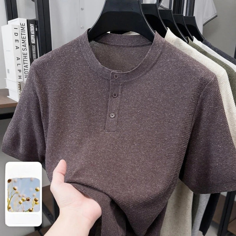 Breathable Men's Linen Blend Short Sleeve Henley - Tencel Ribbed Knit | Summer Casual Solid Color Tee