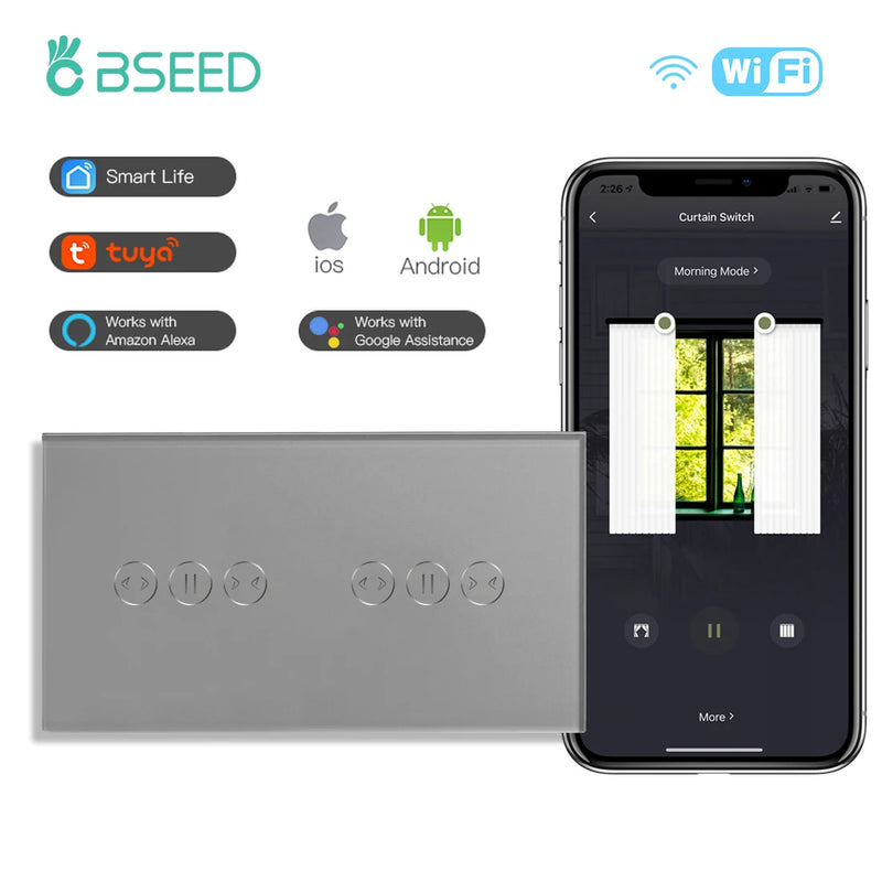 BSEED WiFi Curtain Switch Wireless Smart Touch Switch for Smart Life Tuya Alexa Blind Roller Shutter With Neutral Line