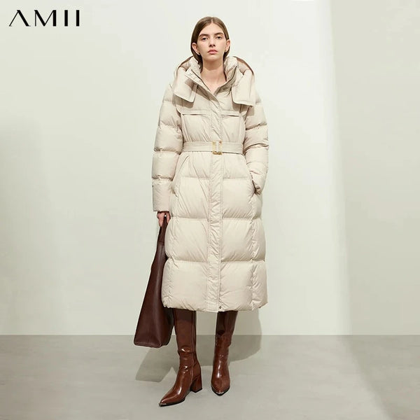 AMII Hooded Down Coats 2026 Winter New Warm With Belt Puff Duck Jacket Women Turtleneck Solid Versatile Slim Long Coat 12524003
