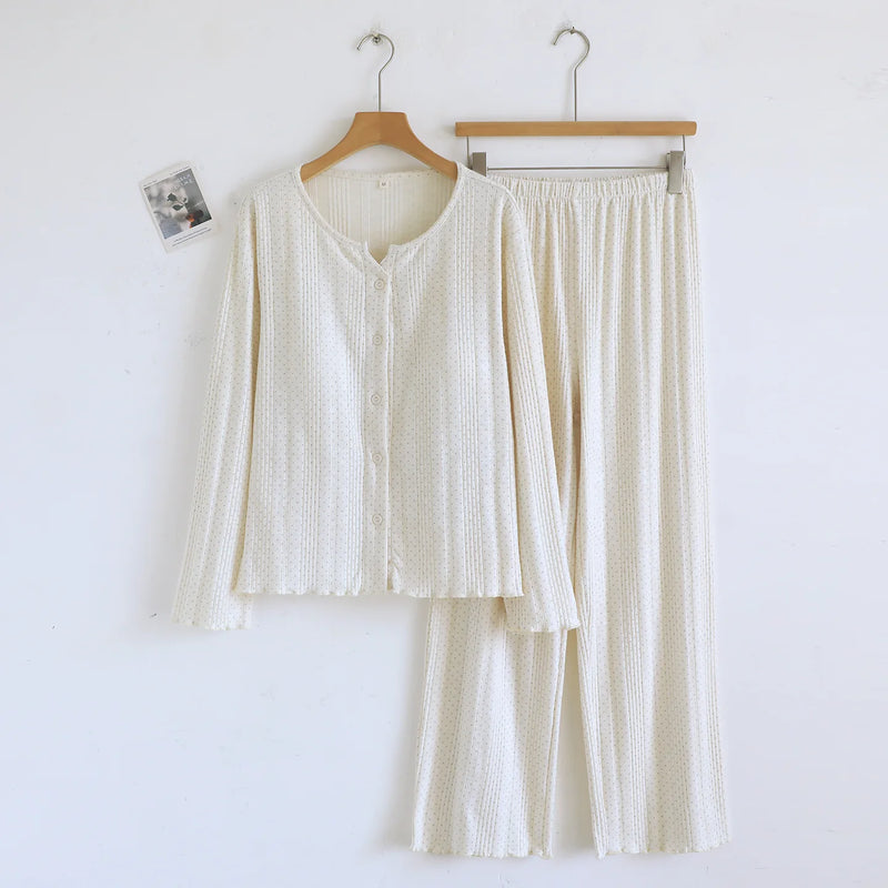 Knitted Cotton Sleepwear Lady Long-sleeved TrousersTwo-piece Spring Autumn Women's Home Wear Pyjama Set New Arrival Homewear