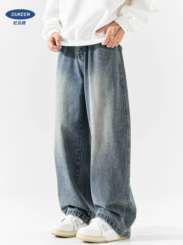 DUKEEN Men's Heavyweight Vintage Washed Denim Jeans Loose Fit Straight Wide Leg Casual Streetwear
