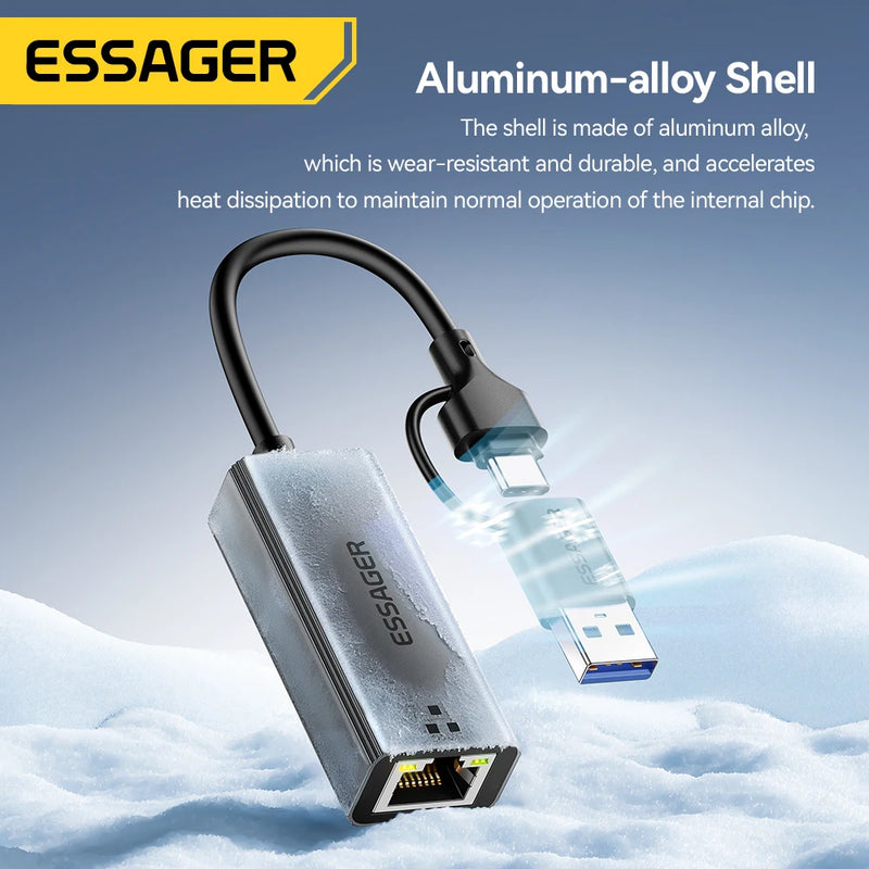 អាដាប់ទ័រអ៊ីសឺរណិត Essager 2-in-1 USB-A/Type-C ទៅ RJ45 កាតបណ្តាញ 1000Mbps Ethernet Gigabit អាដាប់ទ័រកាត Lan សម្រាប់កុំព្យូទ័រយួរដៃ MacBook