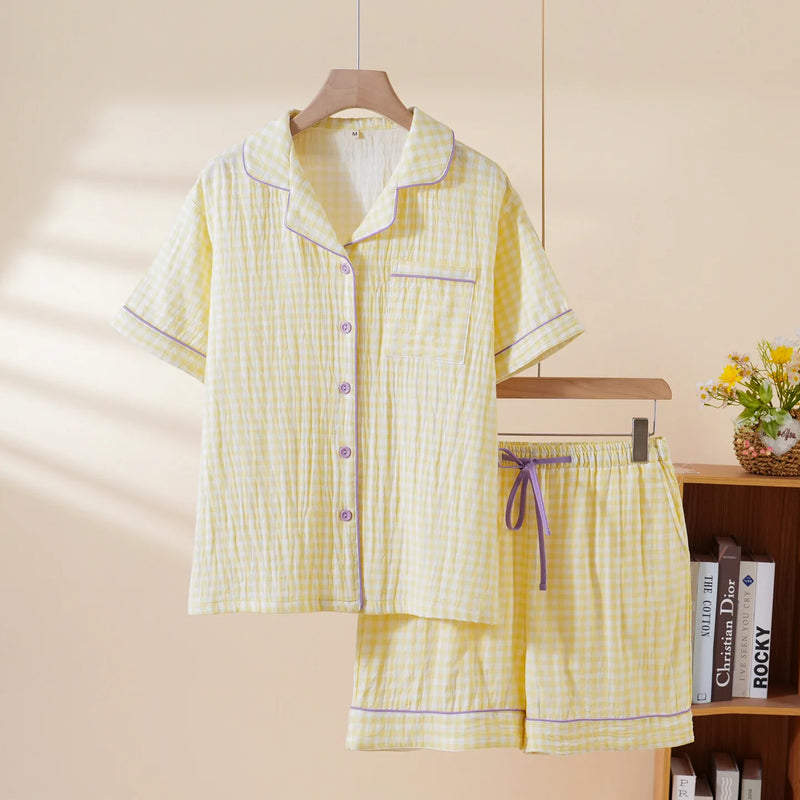 Plaid Print Women's Pajamas Short Sleeve Sleepwear Cotton Night Wear For Ladies Summer New 2 Pieces Home Wear Pyjama Set Woman