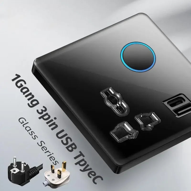 Black Tempered Glass Button Reset Wall Light Switch with LED Aperture,Uk 13A Usb C Fast Charging Wall 220V Electrical Socket