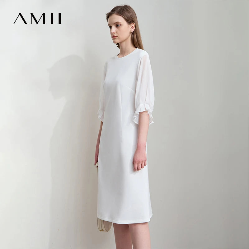 AMII Women 2026 Minimalism New Summer Elegant Dress Thin Chiffon Sleeves Slim Dress Birthday Dresses Luxury Black Dress 12522061