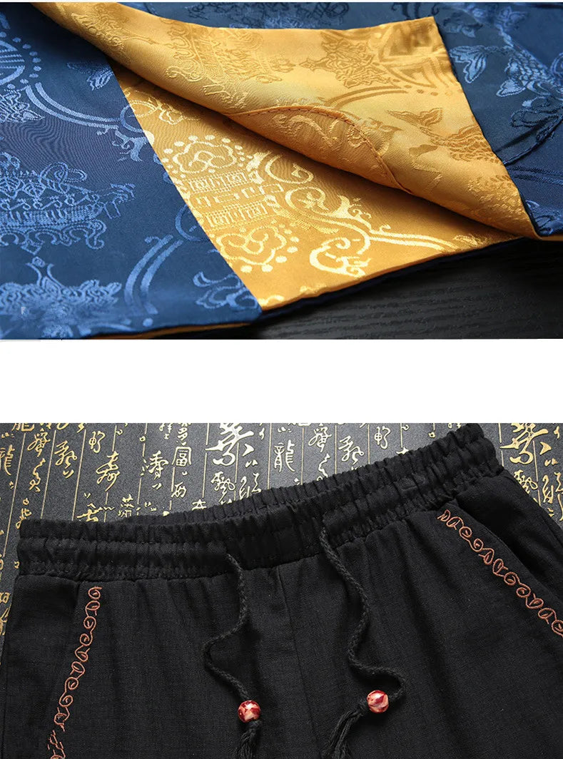 Men's Blue Two-piece, Tang-style Suit: A Chinese-style Single-breasted Stand-collar Jacket in Jacquard Fabric Paired with Pants.