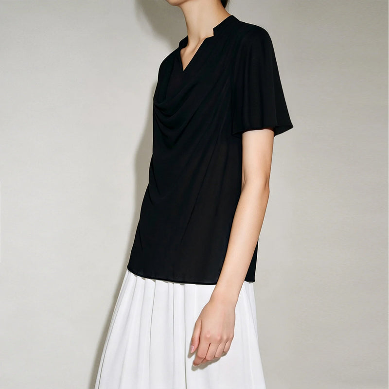 Amii Women's Summer Blouse 2026 New Cowl Neck Patchwork Chiffon Top Straight Fit Short Sleeve Casual Ladies Blouses 12642157