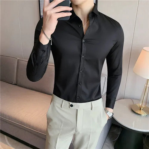 2026 New Men's Dark Green Slim-Fit Long Sleeve Shirt, Fashion Casual Business Top for Man in Black/White