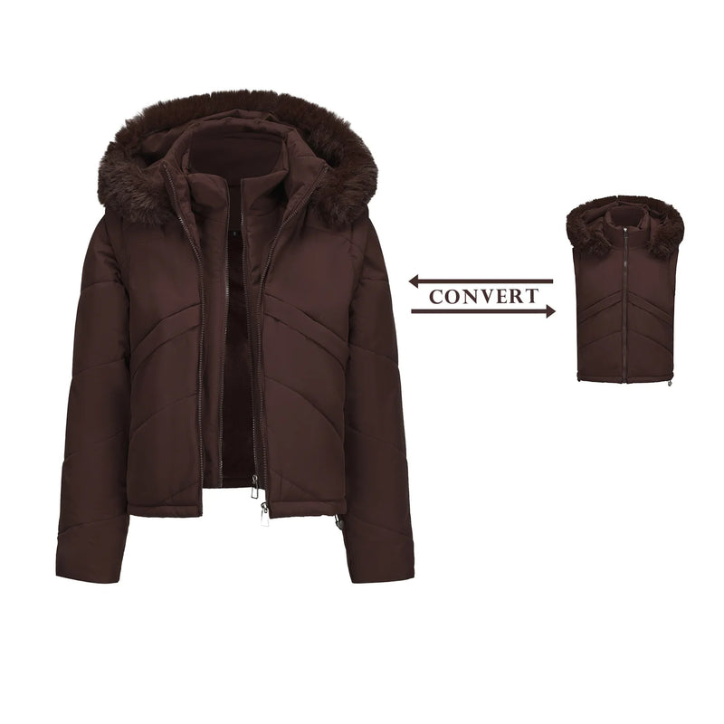 Winter New Women's Faux Two-piece Hooded Thick Coat, Brown Jacket with Detachable Sleeves, Street Style Black Cropped Parkas.
