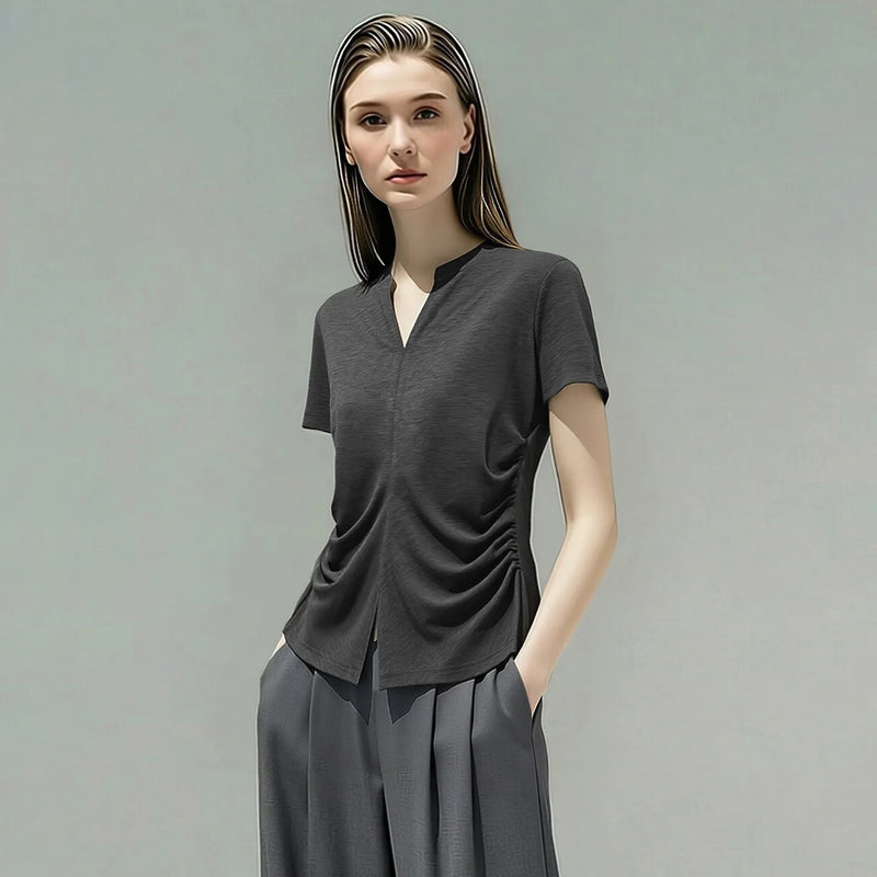 Amii Women's T-Shirt 2026 Summer New V Neck Hem Slit Shirred Knit Top Colid Color Casual Women's Short Sleeve T-shirt 12622129
