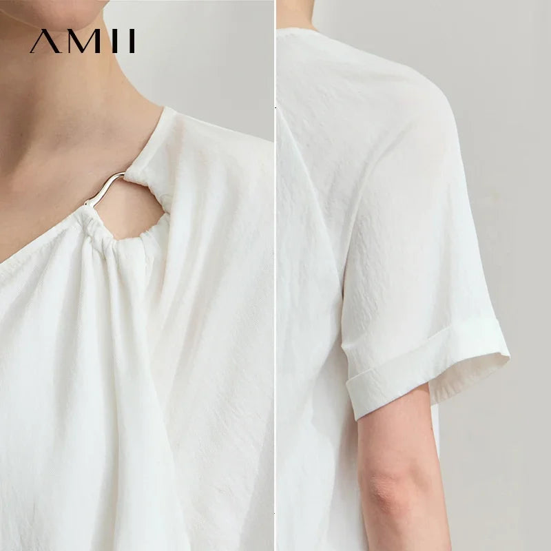 AMII Minimalist Women's Dress Raglan Sleeve 2026 Summer Short Sleeve Solid Swing Collar Hollow Out Loose Female Dress 12551030